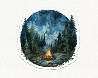 Sticker kampvuur nacht bos, camping vinyl sticker, natuurthema aquarel sticker, outdoor avontuur decor voor laptop, planners