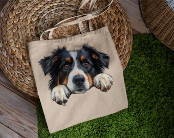 Australian Shepherd Dog Tote Bag, Peeking Dog Cotton Canvas Tote, Cute Watercolor Animal Lover Gift, Carryall Reusable Grocery Shopping Bag