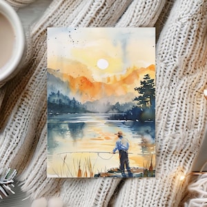 Lot de 10 cartes d'art aquarelle pêcheur, carte de voeux scène de lac tranquille, carte de voeux pêche au lever du soleil, lot de cartes postales art nature