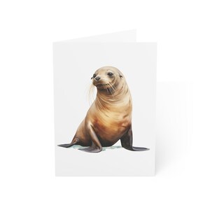 Cartões de felicitações de selo fofo, pacote com 10 ou cartão dobrado individualmente com envelope, em branco por dentro, conjunto de papelaria para presente com cartão postal de animal marinho em aquarela