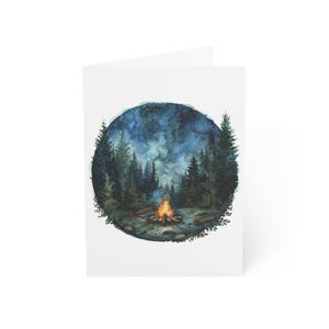 Cartões de felicitações para fogueira na floresta, pacote com 10 ou cartão dobrado individualmente com envelope, em branco por dentro, conjunto de papelaria para presente de cartão postal de acampamento em aquarela