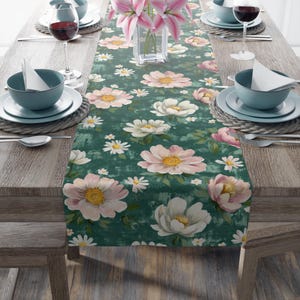 Floral Table Runner, Green Pink Flower Decor, Elegant Table Runner, Housewarming Gift, Farmhouse Style Table Runner, Long Table Runner