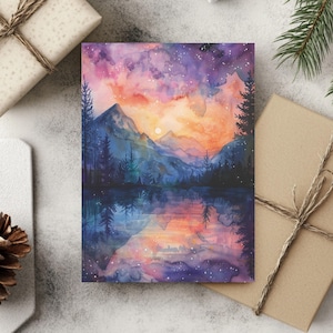 Bellissimi biglietti d'auguri con paesaggi montani ad acquerello, confezione da 10, cartoline panoramiche con foreste colorate, biglietti d'arte naturalistica, ecologici