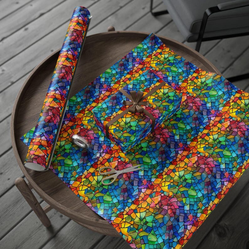 Vibrant Mosaic Wrapping Paper, Colorful Gift Wrap, Artistic Present Wrap, Stained Glass Design, Unique Gift Wrap for Any Occasion image 2
