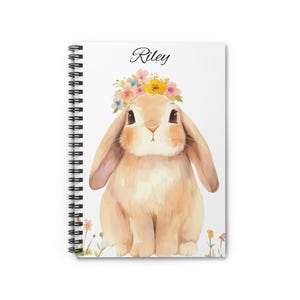 Journal personnalisé avec lapin, carnet de notes couronne de fleurs, lapin aquarelle, cadeau de Pâques, carnets et carnets d&#39;animaux mignons, journal intime pour enfants, filles