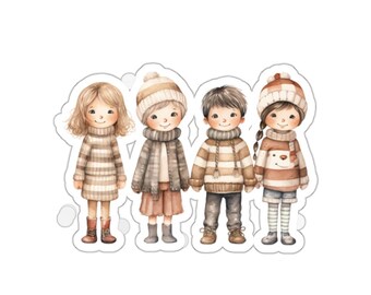 Pegatina de vinilo impermeable con bonitos niños en ropa de invierno, acabado brillante, tintas ecológicas, perfecta para portátil o botella de agua