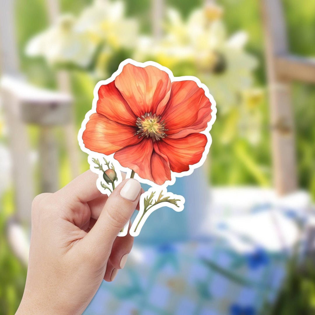 Watercolor Poppy Flower Sticker - Beautiful Floral Vinyl Decal for ...