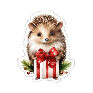Ouriço de Natal com adesivo de presente, decalque de vinil de animal fofo para laptop, garrafa de água, carro, presente de animal da floresta, decoração de feriado