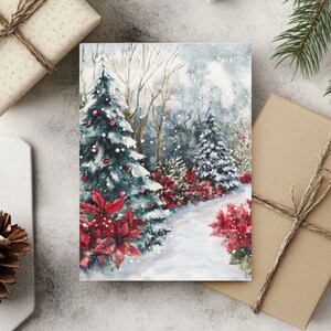 Conjunto de cartões de jardim de Natal em aquarela, cartões postais festivos de férias, cartões de felicitações com design de cena de inverno, pacote com 10, inclui envelopes