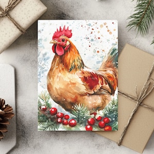 Lot de 10 cartes de voeux de Noël aquarelle coq, art des animaux de la ferme, cartes postales des fêtes, respectueux de l'environnement, lot de 10, enveloppes blanches incluses