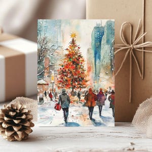 Lot de 10 cartes de voeux aquarelles pour Noël, rue, arbres de Noël, jeu de cartes de voeux festives, dos blanc, respectueux de l'environnement