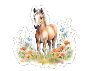 Cute Horse and Wildflowers Watercolor Vinyl Sticker, Laptop Decal, Waterproof, Eco-Friendly, 2&#39; to 6&#39;, Gift for Animal Lovers