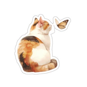 Calico Cat Sticker, Butterfly Decal, Cute Animal Stickers, Watercolor Art, Gift for Cat Lovers, Planner Stickers