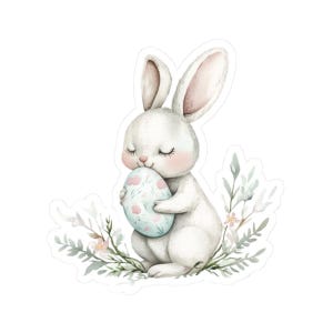 Cute White Bunny with Easter Egg Sticker, Adorable Baby Rabbit Decal, Spring Bunny Vinyl Decoration, Perfect Gift for Kids
