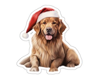 Cute Christmas Dog Vinyl Sticker, Santa Hat Watercolor Decal, Waterproof Glossy Sticker for Laptop, Water Bottle, Planner