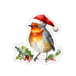Stickers de Noël rouge-gorge, oiseau mignon en bonnet de Noel, décoration de Noël, cadeau pour les amateurs d'oiseaux, aquarelle