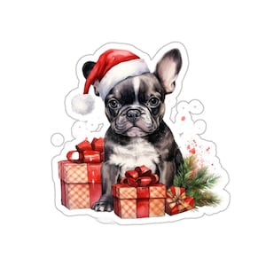 Weihnachten Französische Bulldogge Aufkleber, Weihnachtsmütze Hund, Geschenk für Hundeliebhaber, Süßer Welpe Aufkleber, Aquarell Kunst, Festlicher Aufkleber