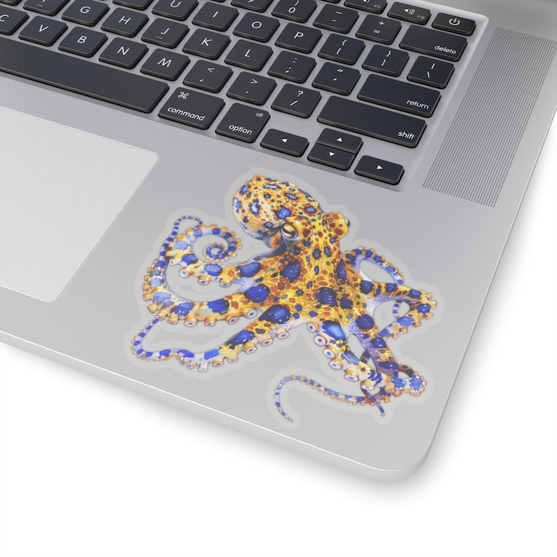May include: A blue and yellow octopus with white spots, with its tentacles curled around itself. The octopus is on a white background.