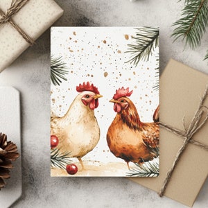 Christmas Chicken Greeting Cards 10 Set, Farm Animal Holiday Postcards, Watercolor Artwork, Pack of 10, Eco Friendly, Envelopes Included