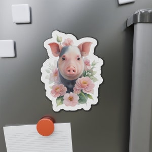 Watercolor Floral Pig Magnet, Farm Animal with Flowers Cute Fridge Magnet Die-Cut, Kitchen Decor, Animal Lover Gift, Pig Lover Gift