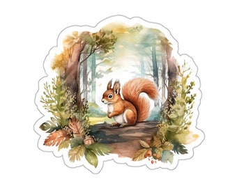 Cute Squirrel in Forest Scene Sticker, Woodland Animal Decal for Laptop, Water Bottle, Phone, Best Friend Gifts, Eco-Friendly