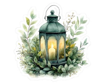 Vintage Lantern Sticker, Rustic Candle Decal, Botanical Art, Watercolor Lantern Scene, Cozy Home Decor, Gift for Nature Lover