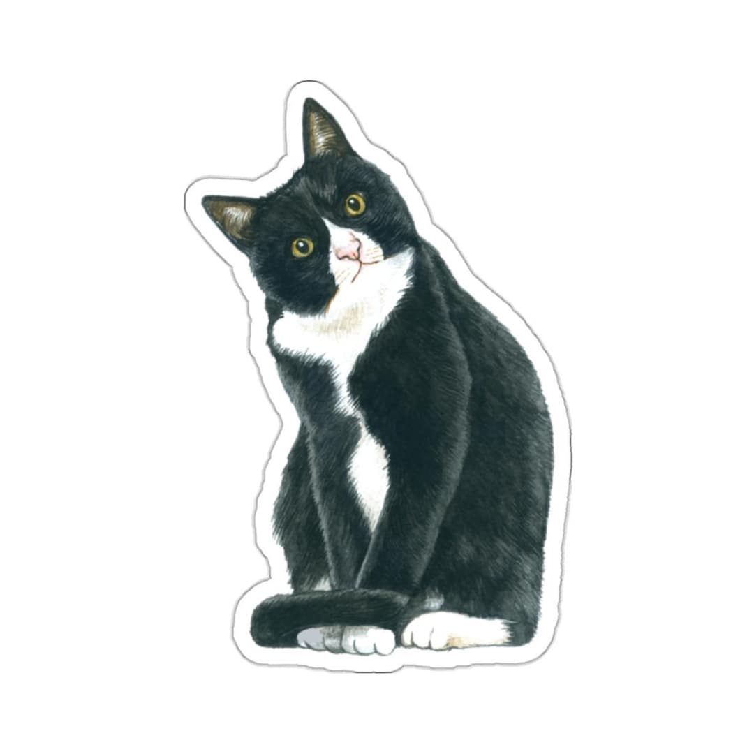 Cute Black and White Cat Vinyl Sticker, Glossy Waterproof Decal ...