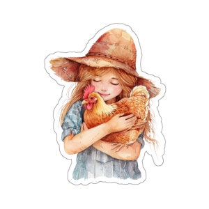 Sticker poulet fermier fille, mignon enfant fermier vinyle autocollant imperméable pour ordinateur portable bouteille d'eau sticker fenêtre transparent, cadeau pour amateur de poulet