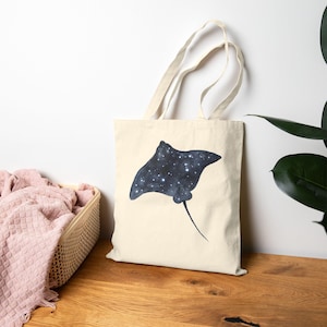 Celestial Manta Ray Tote Bag, Galaxy Art Tote, Gift for Ocean Lover, Starry Sea Animal Bag, Space Tote, Cotton Canvas Tote Bags