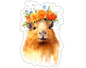 Cute Capybara Sticker with Flowers, Kawaii Animal Laptop Vinyl Sticker Waterproof for Water Bottle Phone Car Wall Window Decal, Gift for Her