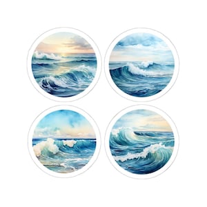 Foglio di adesivi con onde dell&#39;oceano, acquerello marino, pacchetto di adesivi costieri, regalo per gli amanti della spiaggia, adesivi per laptop, set di adesivi per bottiglie d&#39;acqua