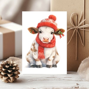 Lot de 10 cartes de voeux de Noël aquarelles avec une vache mignonne avec enveloppes, parfaites pour les cadeaux et les messages, cartes de Noël à la ferme