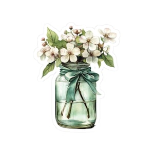 Floral jar sticker, spring blossom sticker, vintage mason jar art, cute water bottle sticker, laptop decal, gift for friends