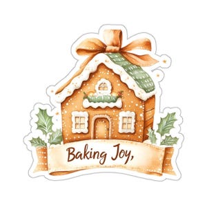 Pegatina de casa de jengibre, alegría de hornear, pegatina navideña, vacaciones de invierno, decoración festiva, regalo para panadero, pegatina linda