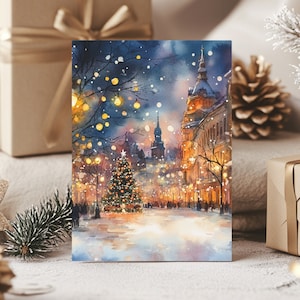Paquete de 10 tarjetas de felicitación navideñas de noche, escena de luces de ciudad de invierno con acuarela, postales en blanco con sobres para deseos navideños
