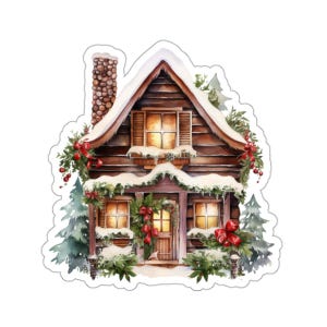 Calcomanía de cabaña navideña, acogedora calcomanía de vinilo de vacaciones de invierno para computadora portátil, botella de agua, automóvil, decoración navideña, decoración festiva