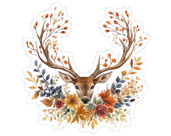 Akvarell hjortklistermärke, blommiga horn, höstklistermärke, bohemisk hjortklistermärke, söt djurklistermärke, present till henne, laptopklistermärke, vattenflaska