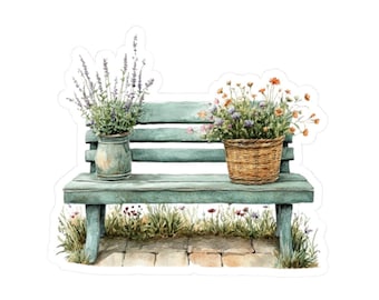 Gezellige tuinbanksticker, schattige lentesticker, aquarel bloemensticker, ideaal voor laptops, tijdschriften, waterflessen en ramen