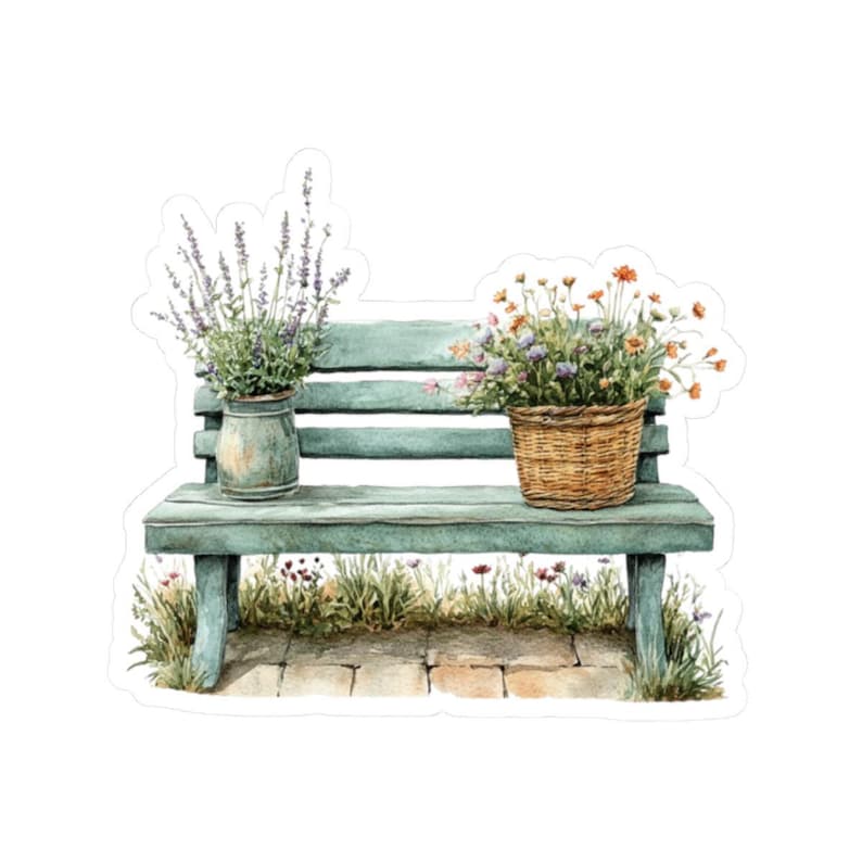 Bench Stickers Cozy Garden Bench Sticker, Cute Spring Sticker, Watercolor Floral ...