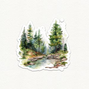 May include: Watercolor painting of a forest scene with a stream running through it. The trees are green and the water is blue. The painting is done in a realistic style.