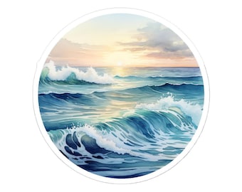 Pegatina de atardecer con olas del océano, vinilo con escena de playa, acuarela oceánica, impermeable para portátil, decoración costera