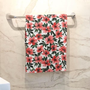 Red Hibiscus Hand Towel, Floral Bathroom Decor, Tropical Flower Gift, Watercolor Art Towel, Botanical Kitchen Towel, Hostess Gift