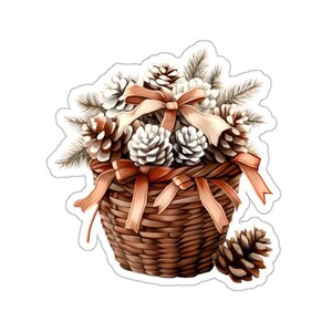 Sticker panier pomme de pin, Stickers des fêtes, Cadeau de Noël, Stickers festifs, Stickers aquarelles, Déco hivernale, Stickers saisonniers