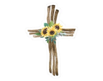 Sunflower Cross Sticker, Christian Vinyl Decal for Laptop, Water Bottle, Phone Case, Faith Decor, Religious Sticker Art, 2-6 inch