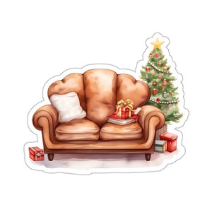 Canapé de Noël confortable avec autocollant d'arbre, autocollant aquarelle pour bouteille d'eau d'ordinateur portable, cadeau mignon d'autocollant en vinyle pour les fêtes