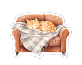 Sleeping Cat Sticker, Orange Tabby, Cozy Sticker, Book Lover Gift, Cat Lover Gift, Laptop Sticker, Vinyl Decal, Water Resistant