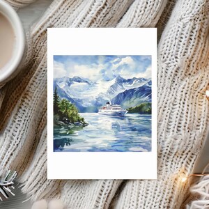 Bellissimo biglietto d'auguri con paesaggio di montagna e crociera, confezione da 10, perfetto per amici e familiari, arte della nave, retro vuoto, con buste