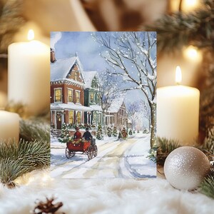 Cartes de voeux aquarelle scène de village de Noël, lot de 10 cartes de Noël avec enveloppes, voeux de Noël, cartes postales écologiques