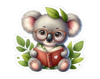 Bookish Koala Sticker, Cute Animal Stickers, Planner Stickers, Laptop Decals, Gift for Book Lover, Reading Koala, Teacher Sticker