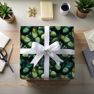 Emerald Butterfly Wrapping Paper, Botanical Gift Wrap for Her, Floral Birthday Present, Elegant Occasion, Green Theme, for Nature Lover